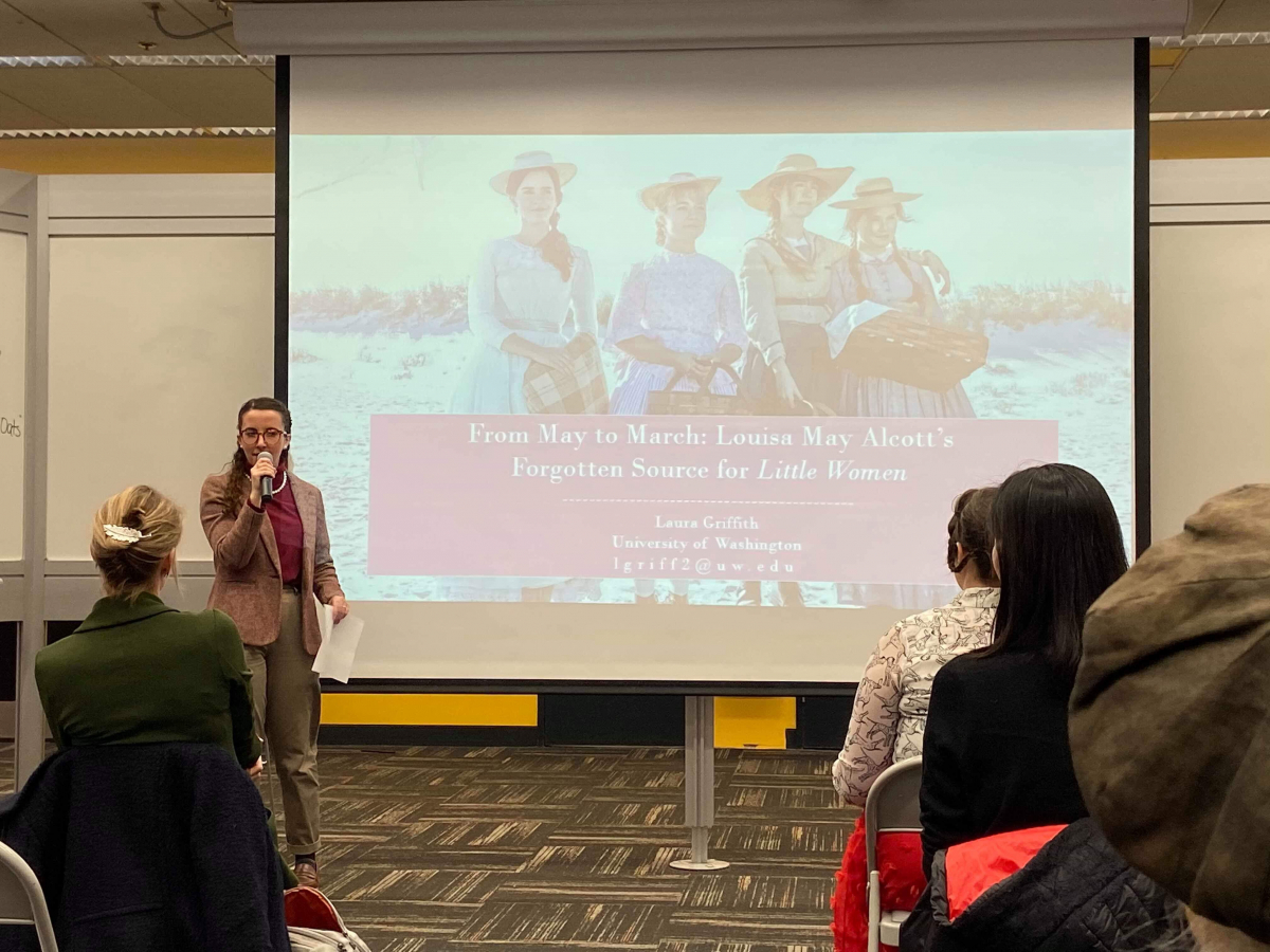 Scholar giving a lightning talk titled "From May to March: Louisa May Alcott's Forgotten source for Little Women" at the March Madness event