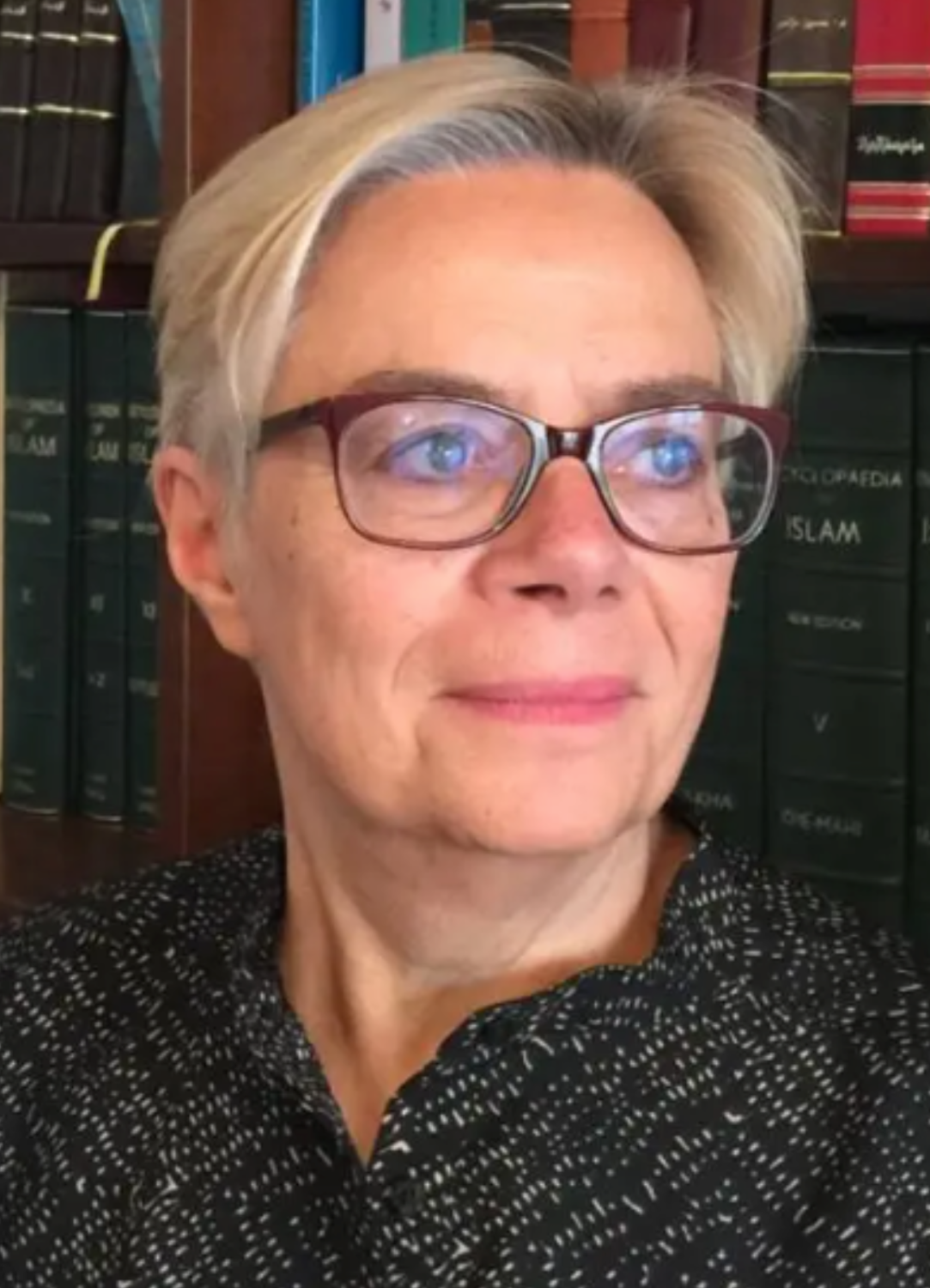 Suzanne Pinckney Stetkevych looks to the right while wearing glasses and a dark collared shirt.