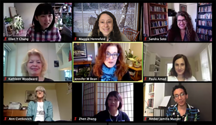 Screenshot of Zoom room with nine screens, each with a participant of the online workshop.