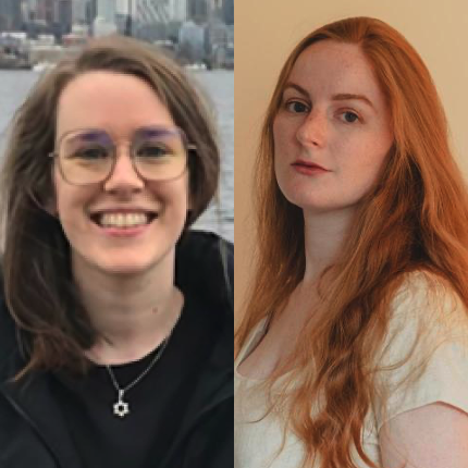 A split image with Kaelie Giffel on the left wearing a dark jacket and standing in front of a body of water and Caitlin Postal on the right in a white shirt standing in front of an orange wall.