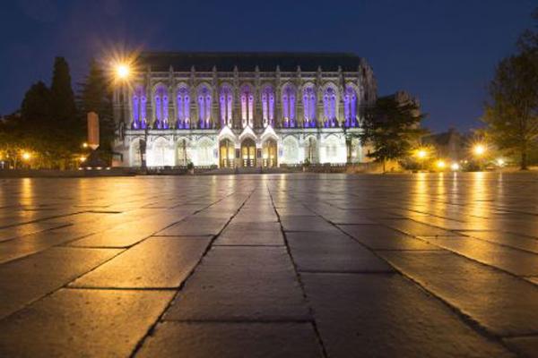 The Red Square at UW, with the Suzzallo Library in the background, at night