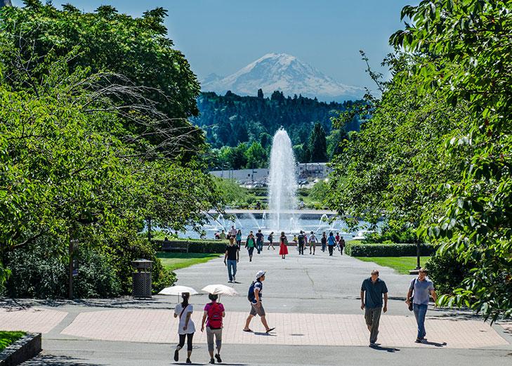 The UW campus in the summer, with the Drumheller Fountain and Mount Rainier visible in the distance