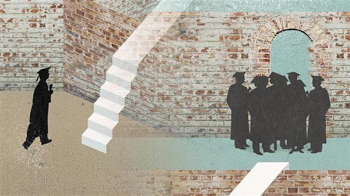 Illustration showing an illuminated path leading a graduate to other graduates
