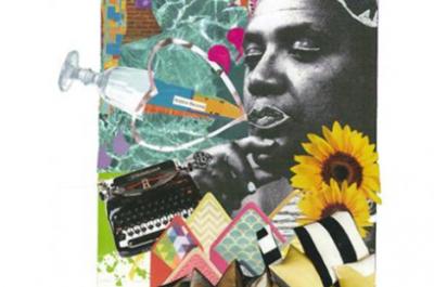 A collage by Alexis Pauline Gumbs in honor of Audre Lorde consisting of images of flowers, a typewriter, envelopes and a black and white image of Audre Lorde.