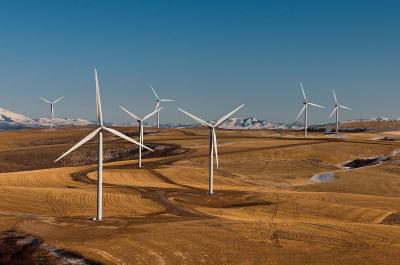 An aerial view of a wind farm in Power County, Idaho 