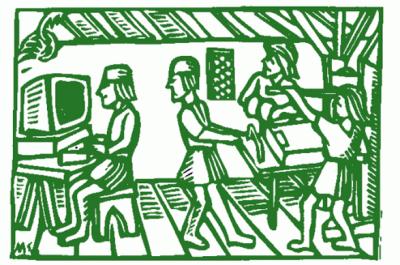 Green linocut style illustration of three people using a printing press looking at someone using a desktop computer