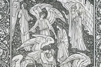 Close-up of "Golden Legend," an engraving of angels in various poses designed by Edward Burne-Jones and wood-engraved by W.H. Hooper.