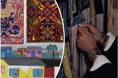 A combination of three colorful images. On the top left are two tapestries with vivid colors, on the bottom is a colorful watercolor of someone painting a house, and on the right is a close-up shot of a hand weaving a yellow, black, white, and blue textile. 