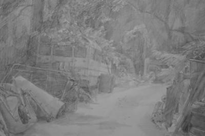 Pencil sketch of a junkyard by Shaun Roberts.