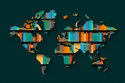 Illustration of continents made out of books