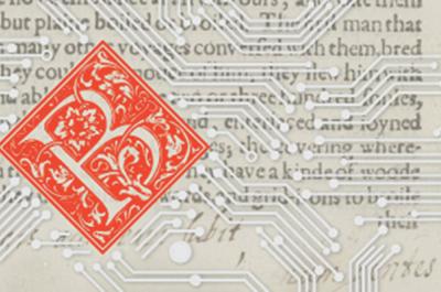 Close-up of the page of a book with a circuit board pattern overlaid on top of it