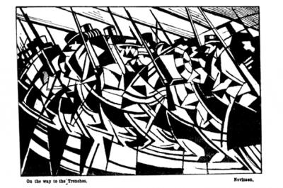 Black and white abstract illustration of soldiers with guns lined up