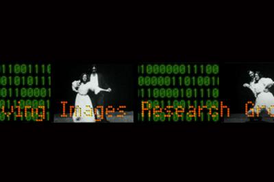 Binary code and still frames of two people dancing, overlaid with the text "Moving Image Research Group"