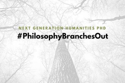 Background is a picture of a tree trunk, with Next Generation Humanities PhD and #PhilosophyBranchesOut written in the foreground.