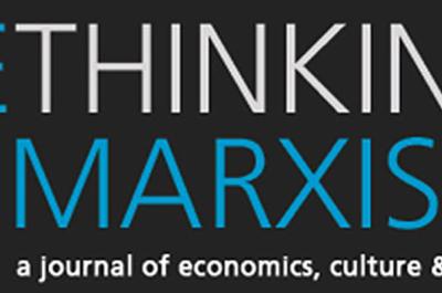 The logo for the journal Rethinking Marxism with blue and white lettering on a black background.