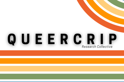 White background with the word QUEERCRIP in all caps in bold large black text with the words Research Collective in small black italic text beginning underneath between the letters C and R. In the background of the text, there are six lines in muted rainbow tones, red, orange, yellow, green, blue, and violet. The lines curve in a sideways rainbow or c-shape and continue to twist off-screen (and in some images back on the page in a straight horizontal line under the text). 