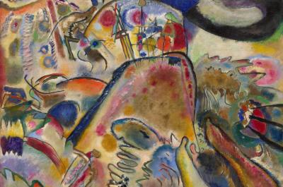 Photo of the 1913 painting by Wassily Kandinsky named Small Pleasures, with abstract use of color and lines.