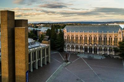 birds-eye view of the Suzallo and Allen Libraries with the brick-laid quad in the middle. It is a sunny day morning with light clouds in the sky.