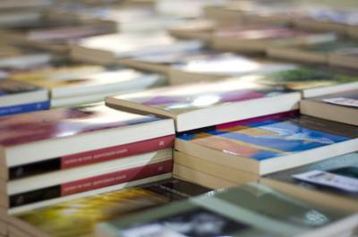 Stacks of books at a book fair