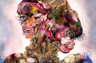 Multimedia artwork representing a distorted face titled "Madam Repeateat," by Wangechi Mutu