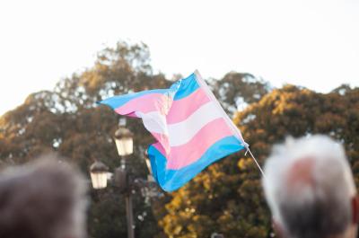 Transgender flag flying in a crowd