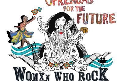 Illustration of a Native Woman sitting on a cloud of flowers and media artifacts and text that reads "Ofrendas for the Future" and "Women who Rock, Making Scenes, Building Communities"