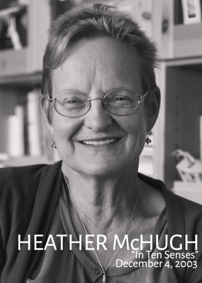 A black and white image of Heather McHugh looks into the camera.