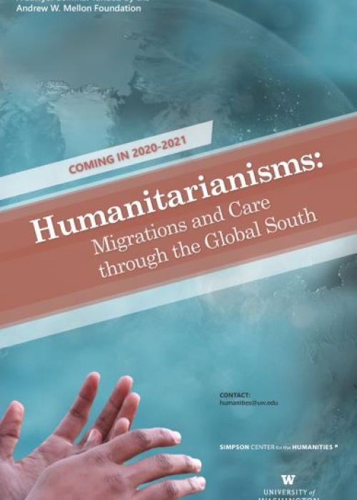 Brochure for the Humanitarianisms course, with a picture of hands on a blue background.