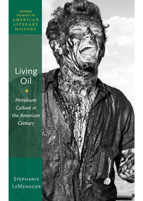 Living oil book cover with black and white image of a person's face and upper body doused in oil