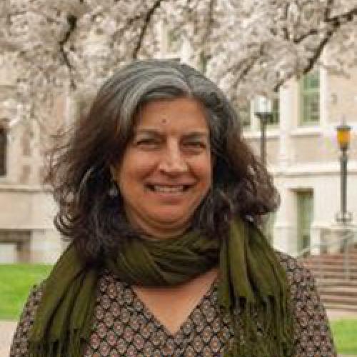 Davinder Bhowmik stands outside wearing a green scarf and patterned shirt.