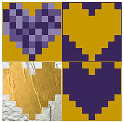 Pixel art of four yellow and purple hearts.