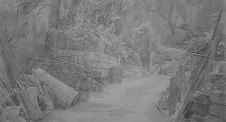 Pencil sketch of a junkyard by Shaun Roberts.
