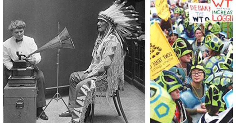 Black and white photo of Smithsonian Ethnologist Frances Densmore recording audio of Mountain Chief (Blackfoot) next to a color photo of sea turtle demonstrations at the Seattle WTO Protests in 1999