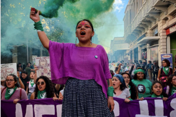 Photo of an Indigenous woman with her arm raised chanting at a rally in front of other women