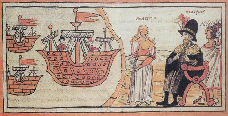 Engraving from the Durán Codex of Hernán Cortés, a large boat, and the Indian Marina.