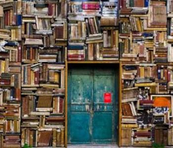 green door surrounded by books