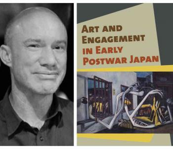 Justin Jesty and an image of his book, Art and Engagement in Early Postwar Japan.