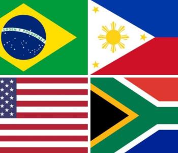 Flags of Brazil, the Philippines, South Africa, and the United States.