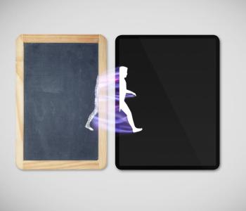 The silhouette of a person walks from a chalkboard onto an electronic tablet