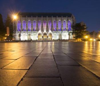 The Red Square at UW, with the Suzzallo Library in the background, at night