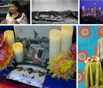 Clockwise from top left: Students at the August 17 symposium (David Ryder), Duwamish waterfront (Yaran Cui), Seattle skyline (Creative Commons), Tokens 2: Khairut Salum (Yabsira Wolde), and Sonia Rodriguez family tribute ‘Where the Red Roses Grow’ (David Ryder).