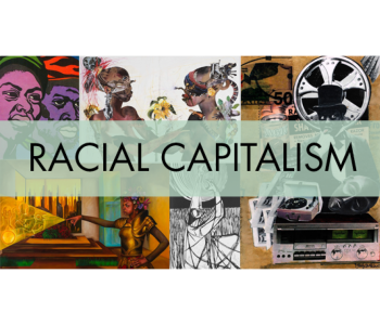Collage of images of people of color and symbols of media with a light green banner across the center with Racial Capitalism written in black.