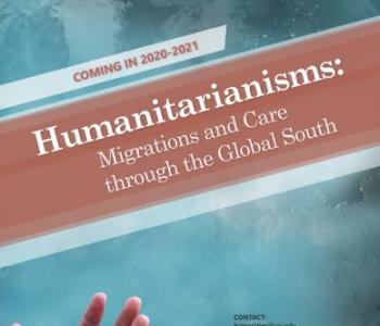 Brochure for the Humanitarianisms course, with a picture of hands on a blue background.