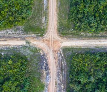 Aerial view of dirt crossroads on green landscape.