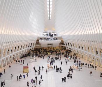 Aerial view of visitors inside World Trade Center. 