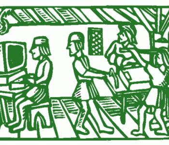 Green linocut style illustration of three people using a printing press looking at someone using a desktop computer