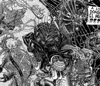 Black and White illustration of steampunk spiders and other creatures