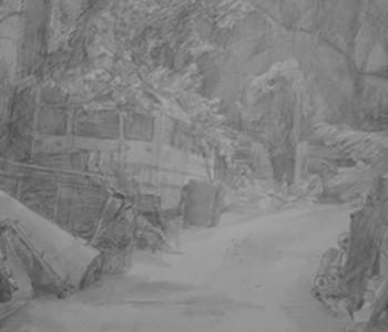 Pencil sketch of a junkyard by Shaun Roberts.