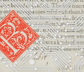 Close-up of the page of a book with a circuit board pattern overlaid on top of it