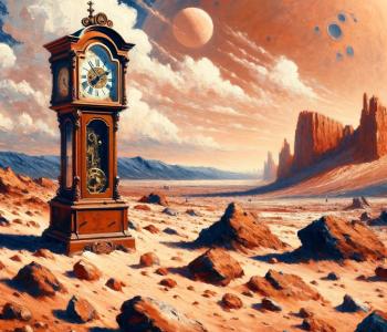 Grandfather clock on rocky surface of alien planet